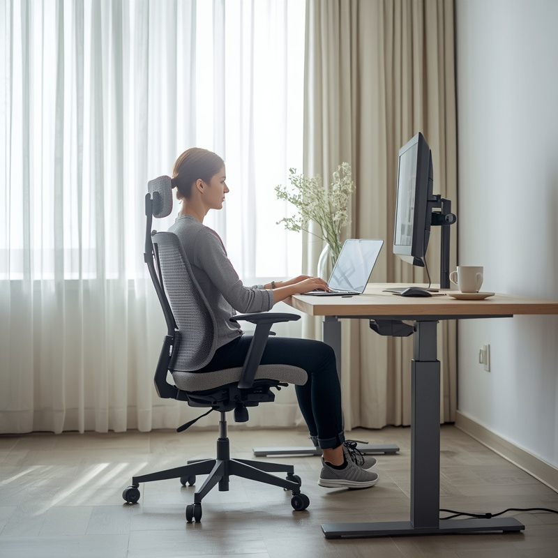 Woman working at a desk in a mesh office chair in a bright room